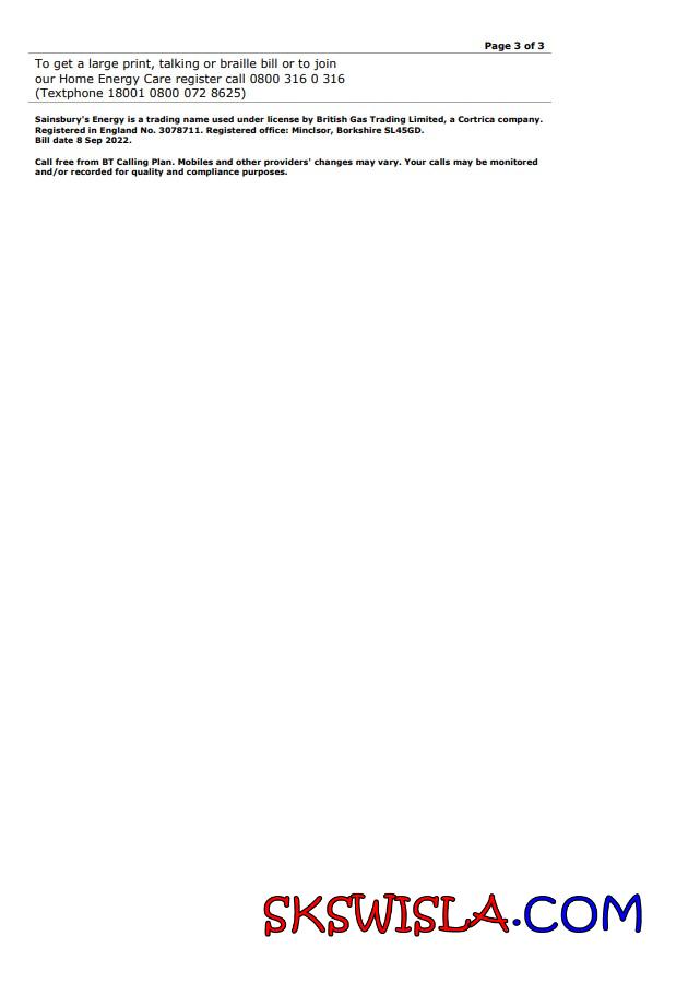 Wielka Brytania Sainsbury' s Energy (British Gas) rachunek za media, 3 strony 3